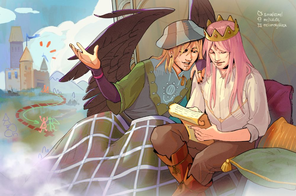 Philza and Technoblade sitting on bed, reading a scroll with probably plans of their empire, on the left side of the picture is an image of doodle'y "map" with route they want to go