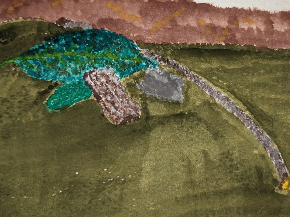 A field of green with a large leaf, a small leaf, a piece of bark, a rock, and a stick painted with watercolors. Each item is composed of many small dots.