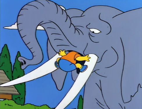 A picture from The Simpsons. An elephant has Bart’s head in his mouth