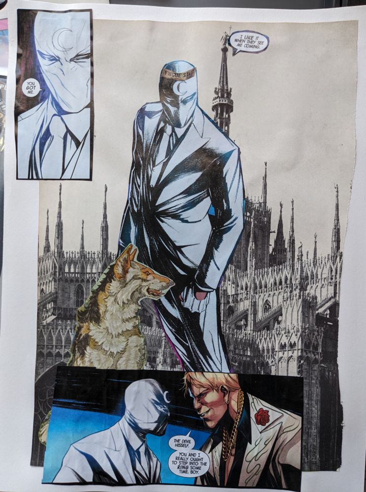 A glued-together collage of photos, drawings, and Moon Knight comic panels.