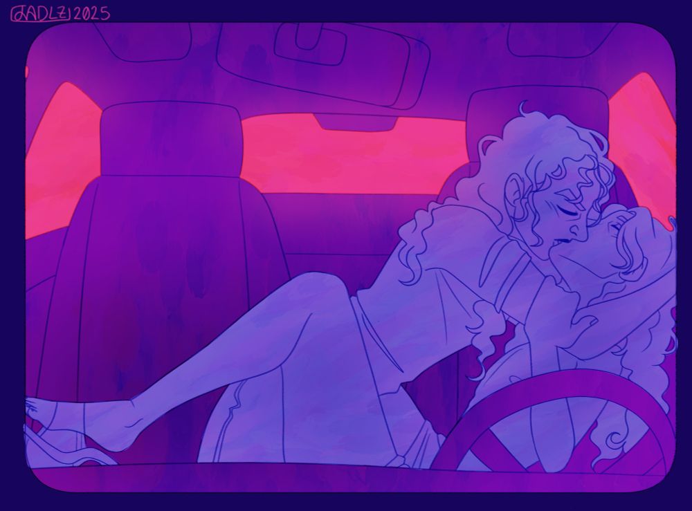 Pink, blue, and purple toned drawing of two men making out in the front seat of a car