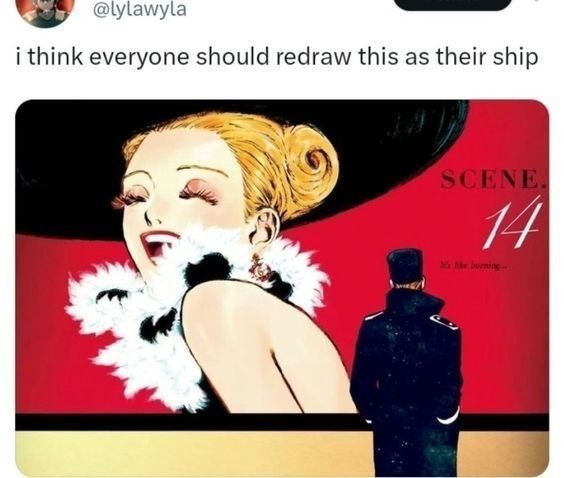 Twitter post by @lylawyla saying "i think everyone should redraw this as their ship" with an attached image of a vintage advertisement of a man standing in front of a bright billboard picturing a young woman laughing.
