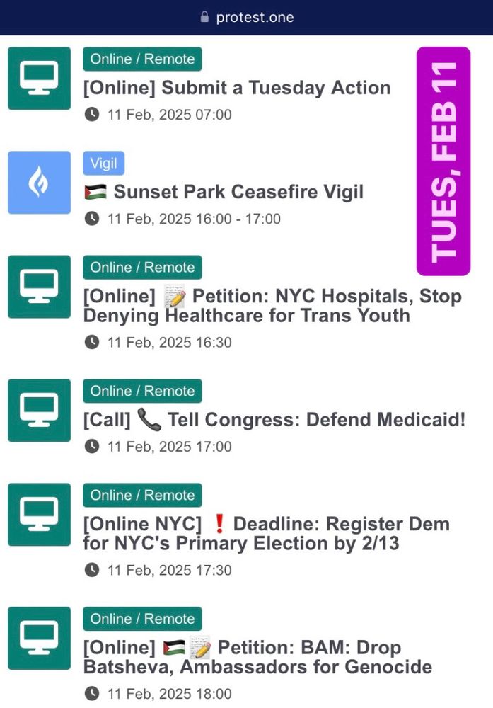 Screenshot of Tuesday, February 11 from https://protest.one/calendar/.

February 11

• [Online] Submit a Tuesday Action
• 🇵🇸 Sunset Park Ceasefire Vigil
• [Online] 📝 Petition: NYC Hospitals, Stop Denying Healthcare for Trans Youth
• [Call] 📞 Tell Congress: Defend Medicaid!
• [Online NYC] ❗️Deadline: Register Dem for NYC's Primary Election by 2/13
• [Online] 🇵🇸📝 Petition: BAM: Drop Batsheva, Ambassadors for Genocide