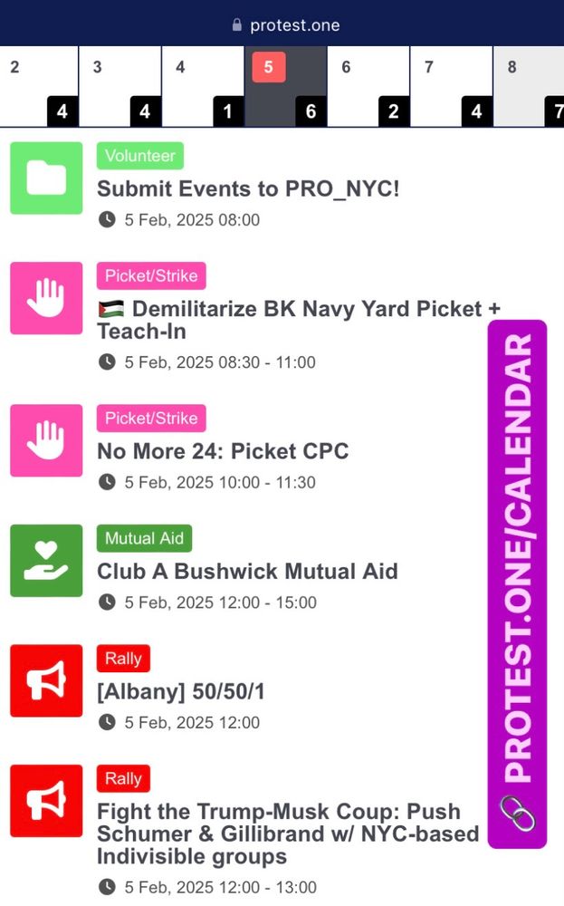 screenshot of @pronyc.bsky.social's calendar listings for february 5, with the site URL ("protest.one/calendar/") in big block caps. the listings for today include: 

• a prompt to submit events to PRO_NYC (there's a submission form link if you click it)
• 🇵🇸 Demilitarize BK Navy Yard Picket + Teach-In
• No More 24: Picket CPC
• Club A Bushwick Mutual Aid
• [Albany] 50/50/1
• Fight the Trump-Musk Coup: Push Schumer & Gillibrand w/ NYC-based Indivisible groups