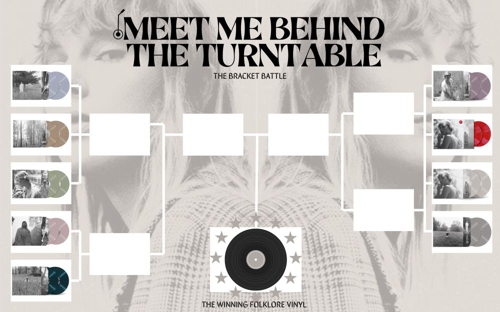 Meet Me Behind The Turntable: The Bracket Battle

The background is the same picture of Taylor Swift in the folklore era, one on each side, but mirrored and in black and white. On top it says the name of this bracket battle.
In this bracket battle nine folklore vinyl variants will be battling. All contenders are in a white box and there is a box that will display the winner. For now it has a regular black vinyl in it with stars around it and the text under it says “the winning folklore vinyl”. 

Advanced to the semi-finals are: 
