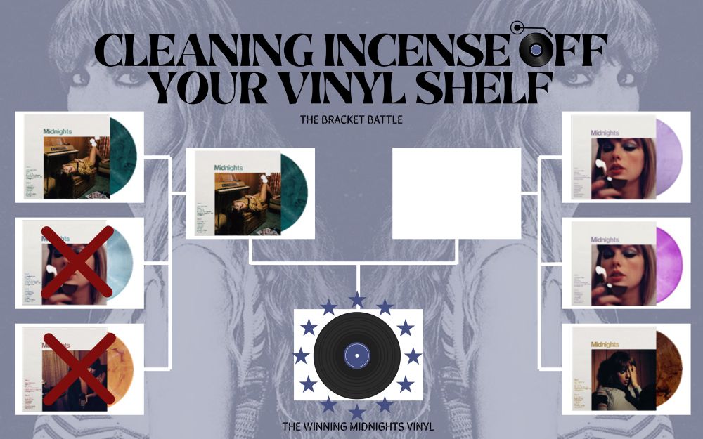Cleaning Incense Off Your Vinyl Shelf: The Bracket Battle

The background is the same picture of Taylor Swift in the midnights era, one on each side, but mirrored and in a dark blue/black duotone. On top it says the name of this bracket battle and the O in “off” is a vinyl record. 
In this bracket battle six midnights vinyl variants will be battling. All contenders are in a white box and there is a box that will display the winner. For now it has a regular black vinyl in it with stars around it and the text under it says “the winning midnights vinyl”. 

Advanced to the finals are: midnights jade green