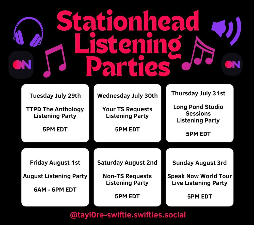 My stationhead listening parties poster and it says Saturday august 2nd: non ts requests listening party 5pm EDT