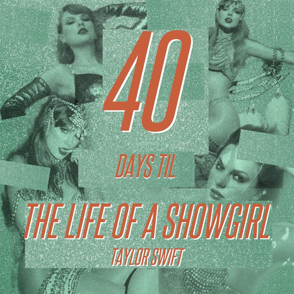 40 days til the life of a showgirl taylor swift. The imagine is square and the background is glittery mint green. The text is in orange and has a white shadow to the right under it. There is four cut out images for taylor swift in a mint green duo tone so it matches the background. All the pictures are from the life of a showgirl photoshoot. There are glittery mint green rectangles for some dimension. 