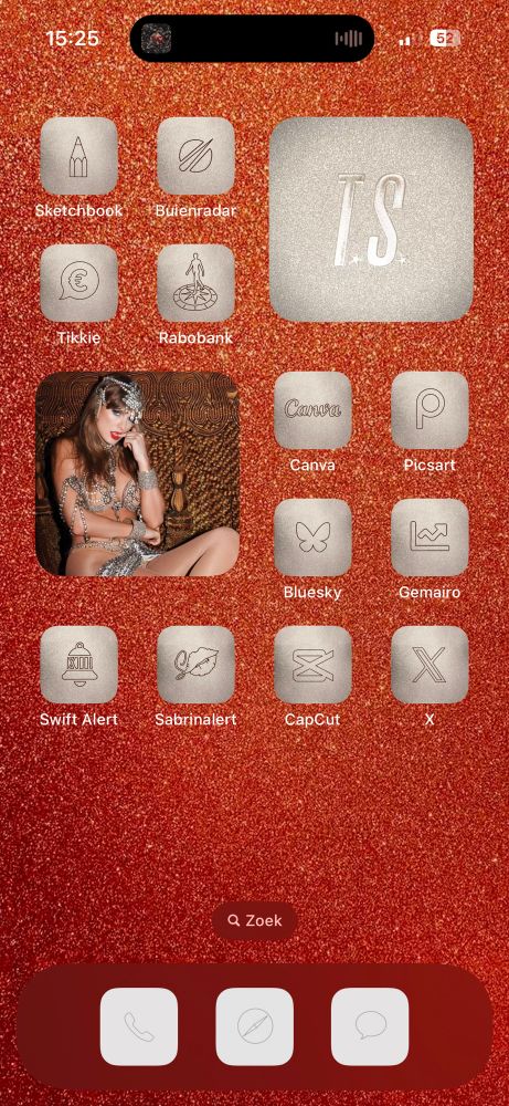 A screenshot of my homescreen with a glittery orange background. All the app icons are a silvery glitter like one of the widgets. The other widget is a picture of taylor swift wearing a silver burlesque outfit 