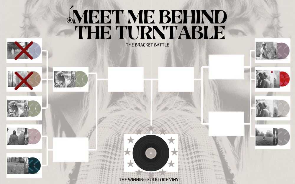 Meet Me Behind The Turntable: The Bracket Battle

The background is the same picture of Taylor Swift in the folklore era, one on each side, but mirrored and in black and white. On top it says the name of this bracket battle.
In this bracket battle nine folklore vinyl variants will be battling. All contenders are in a white box and there is a box that will display the winner. For now it has a regular black vinyl in it with stars around it and the text under it says “the winning folklore vinyl”. 

Advanced to the semi-finals are: folklore stolen lullabies (green)
