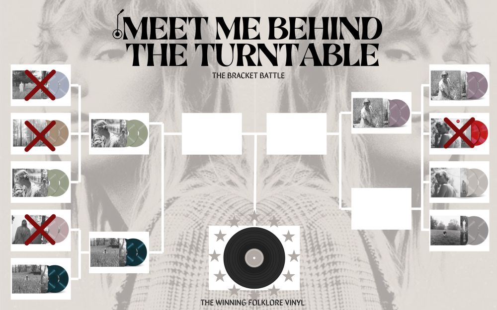 Meet Me Behind The Turntable: The Bracket Battle

The background is the same picture of Taylor Swift in the folklore era, one on each side, but mirrored and in black and white. On top it says the name of this bracket battle.
In this bracket battle nine folklore vinyl variants will be battling. All contenders are in a white box and there is a box that will display the winner. For now it has a regular black vinyl in it with stars around it and the text under it says “the winning folklore vinyl”. 

Advanced to the semi-finals are: folklore stolen lullabies (green), folklore in the weeds (dark blue), folklore betty’s garden (purple)