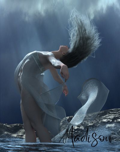 The Water Maiden:

Madison's description from Redbubble:

I wanted this piece to express a sense of motion instead of a static pose. Her hair and dress conveys the movement I wanted to achieve, and her pose makes it visibly plausible. The light from the sky is reflected onto her shimmering outfit and subtle backlighting on her hair. Large rocky outcrops in the background with a splash of water spray further conveys the fluidity of the entire scene.
