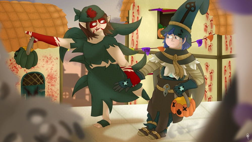 A drawing of my Wakfu OCs Tanine (a Sacrier girl with pale skin, eyes and hair brown and pointy ears) and Argus (a Xelor boy with peachy skin, eyes and hair blue), wearing halloween costumes to do trick-or-treat at the streets. Tanine is wearing a Katar costume (a worn-out dark-green bandana on the head, worn-out dark-green shirt and skirts, red stripe-like tattoos around the arms and face and dark-green plushie-made extensions on her back) while Argus is wearing a Count Harebourg costume (a long dark-blue pointy hat, worn-out bandanas with some white plumages, a brown cape, dark-blue gloves, a long brown skirt with a puffy dark-blue pants and improvised brown boots). Tanine is happy, eagering pushing Argus while pointing out, while the boy is looking unsure, almost scared while being pushed off.
