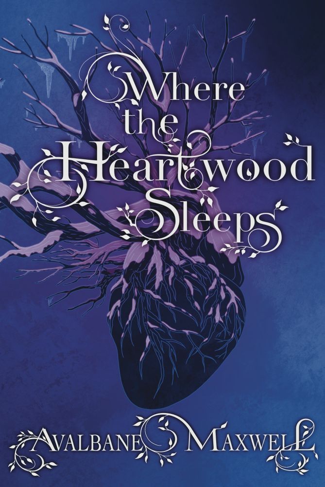 A book cover with purple and blue hues. A heart with tree branches is in the center.