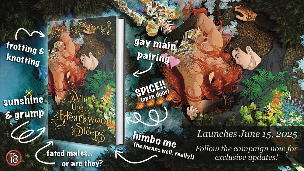 The special edition hardcover image with the full wrap behind it and tropes listed pointing at the cover. The tropes include (left to right, counterclockwise): frotting & knotting, sunshine & grump, fated mates... or are they?, himbo mc (he means well, really!), SPICE!! (open door), and gay main pairing. The image shows Logan and Kardyn lying on a snowy forest floor, gazing longingly into one another's eyes. They are part human, part skeleton. Kardyn's skeleton half is covered in mushrooms. Logan's skeleton half is covered in lush plant life.

Title: Where the Heartwood Sleeps
Author: Avalbane Maxwell