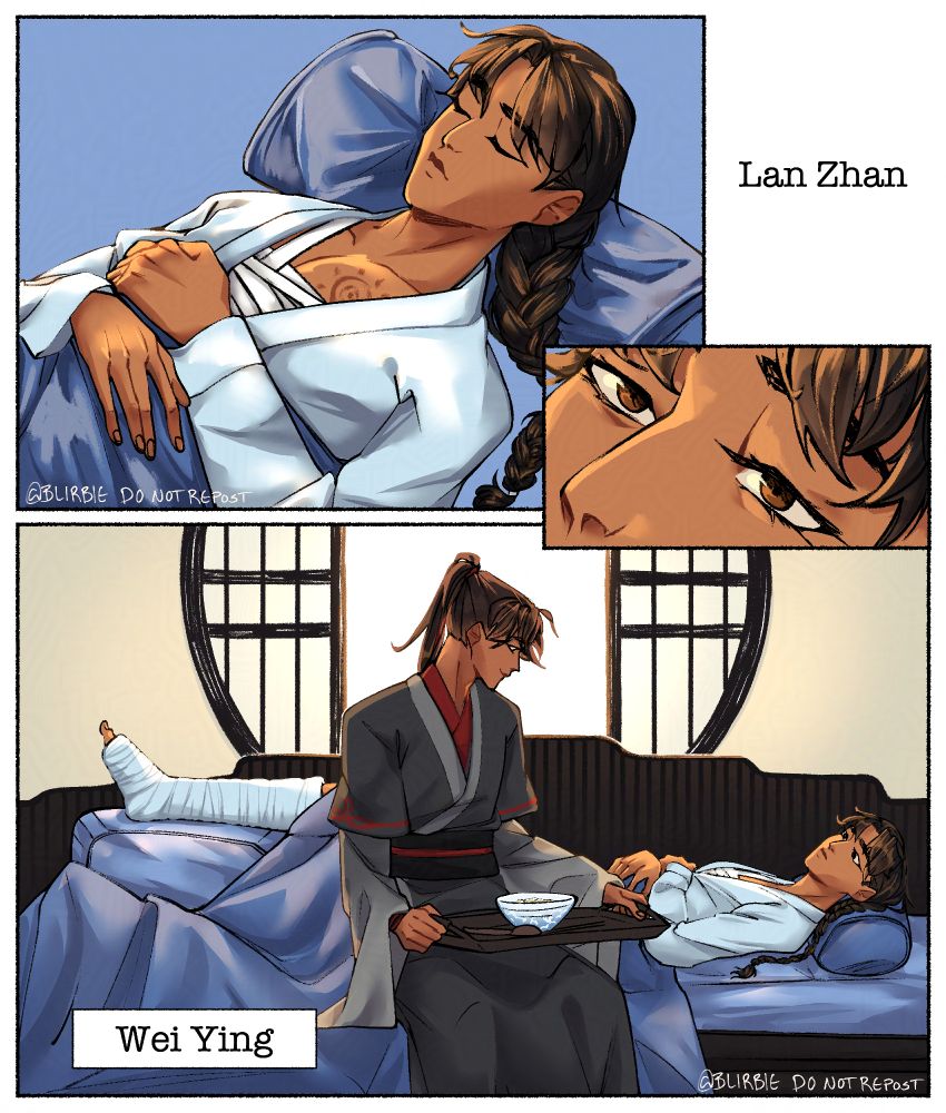 A three panel comic of wangxian from mo dao zu shi.
The background is mostly white. 
Panel one has the off screen voice once again saying "Lan zhan" with a now adult lan wangji asleep on his bed in Gusu, his chest is covered in bandages.
Panel two is a midway panel with a close up of lan wangji's eyes opening upon being called.
Panel three is a full view shot, showing an adult wei wuxian holding a tray with soup for lan wangji. Lan wangji has a broken leg, now casted and raised on a cushion. There is an open window bringing in a bright light behind wangxian.
The scene ends with lan wangji saying "Wei ying"