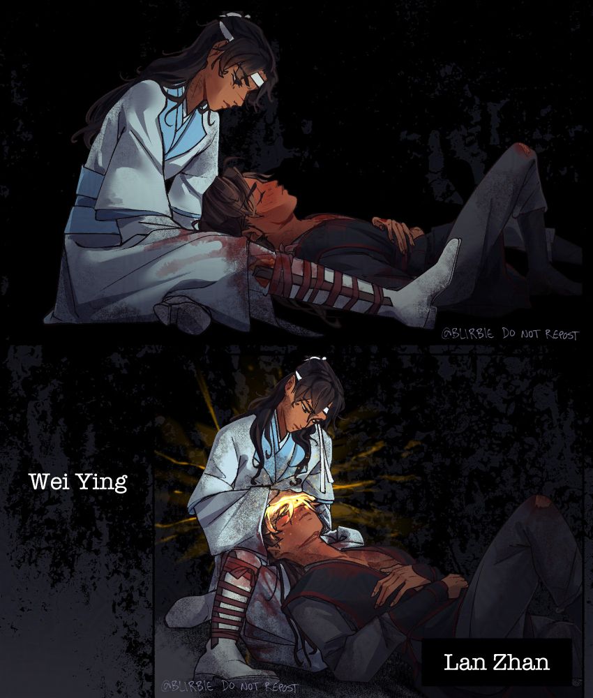 Two panel comic illustration of wangxian from mo dao zu shi.
The background is almost entirely black with a foggy gray. 
Panel 1 is of the two in Xuanwu cave, wei wuxian is sick and injured, laying with his head in lan wangji's lap. lan wangji has a broken and bloody leg.
Panel 2 is of the same scene, with lan wangji now feeding spiritual energy to wei wuxian.
Lan wangji is saying "Wei Ying" and an off screen voice says "Lan Zhan"