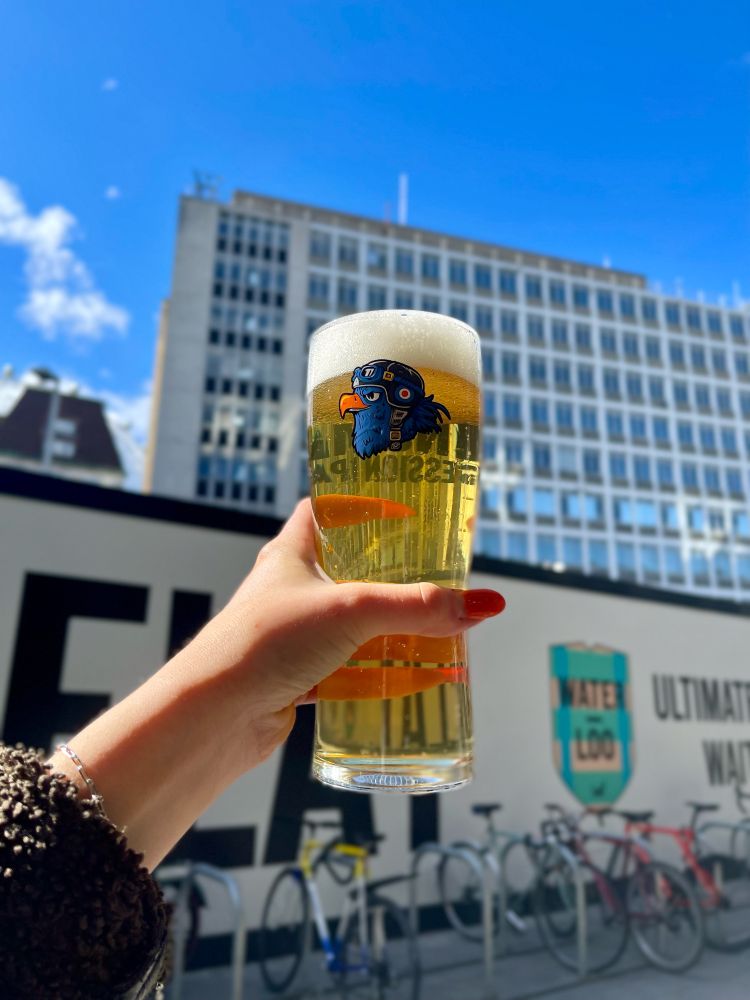 A pint of Wingman session IPA in a pint glass outside being held up to the sky. The glass has a blue cartoon bird on with an orange beak 