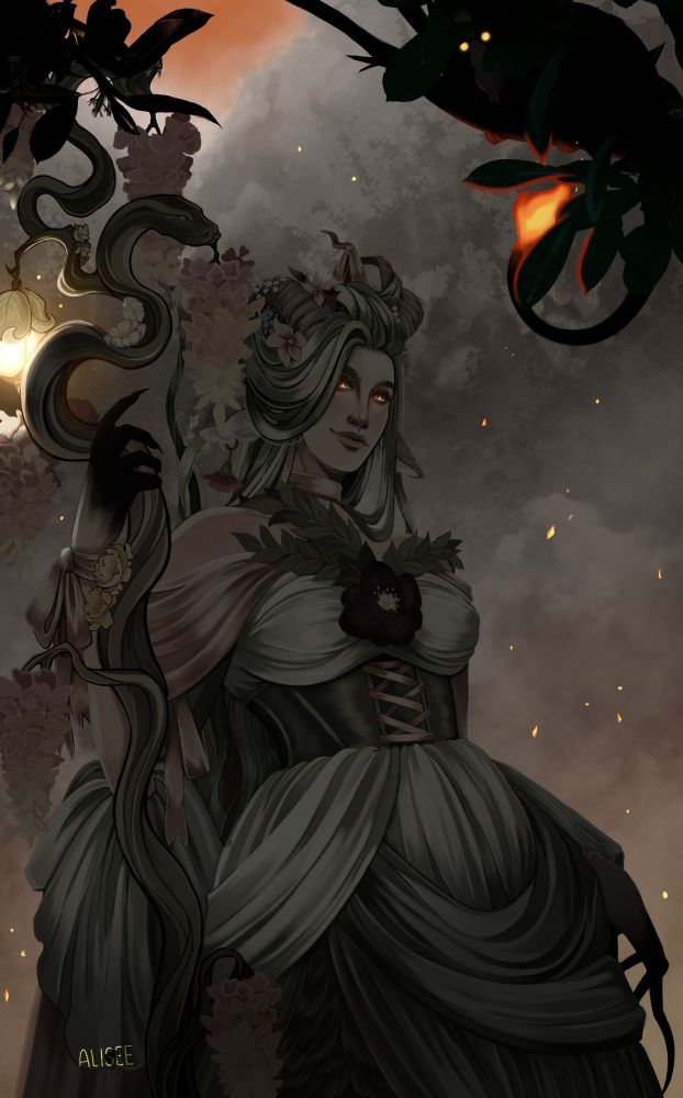 The same illustration but now the forest is replaced with smoke and embers and the lighting is much darker