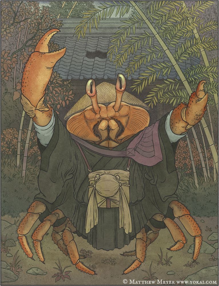 A huge crab with outstretched claws dressed in priest's robes standing before a dilapidated temple. Bamboo grows on one side, trees on the other. Illustration by Matthew Meyer @yokai.com 