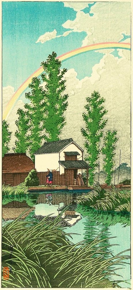 Houses beside a stream with people and trees behind. A rainbow in the sky above.