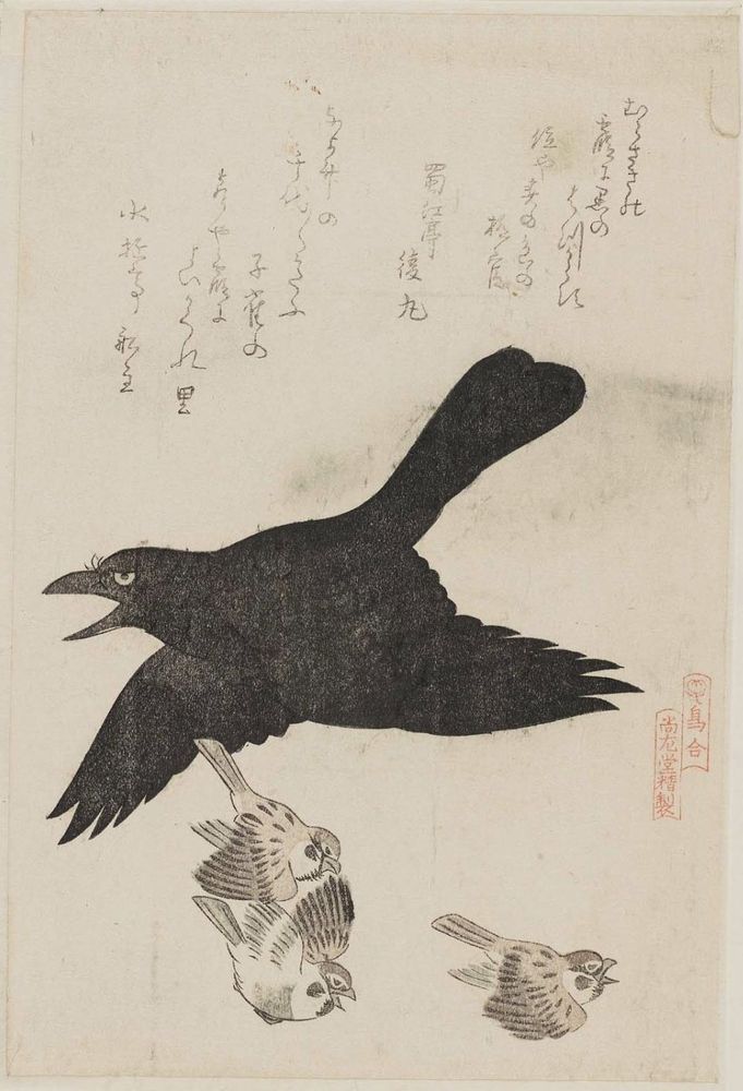 Japanese ukiyo-e print depicting a raven and three sparrows flying.