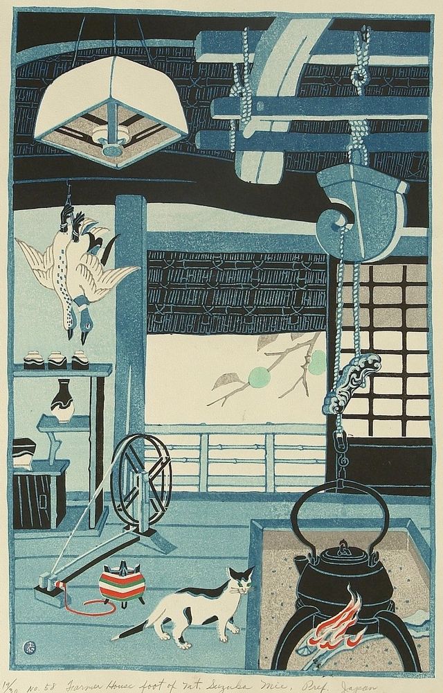 Print depicting the living room of a traditional farmer's house. A white cat with black spots is on the floor. A kettle with fire in foreground. Two geese hanging from roof beam. Door leads out to garden.
