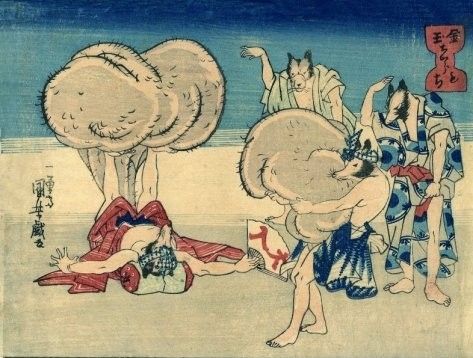 Weightlifting practice using giant scrotums as weights.