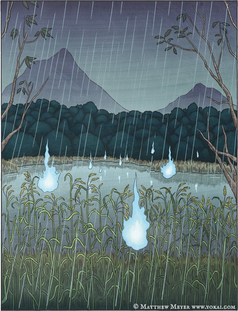 Blueish balls of fire float over a swampy landscape in the rain with mountains in the background.