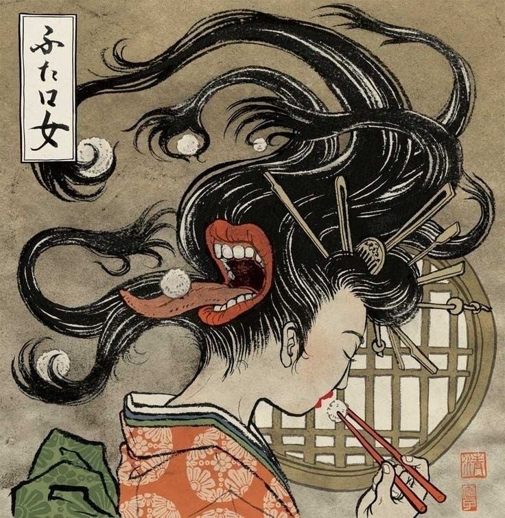 A woman eating rice balls with chopsticks. On the back of her head is a huge mouth with tongue out and strands of her hair are feeding it rice balls. 