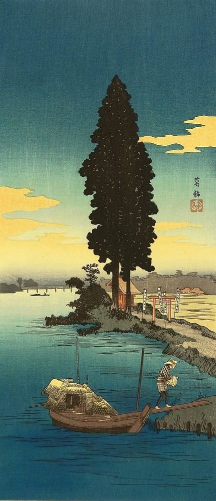 Landscape with a fisherman coming ashore from his boat in the foreground. Behind the river runs past a small Shinto shrine in the bank beside two tall trees.