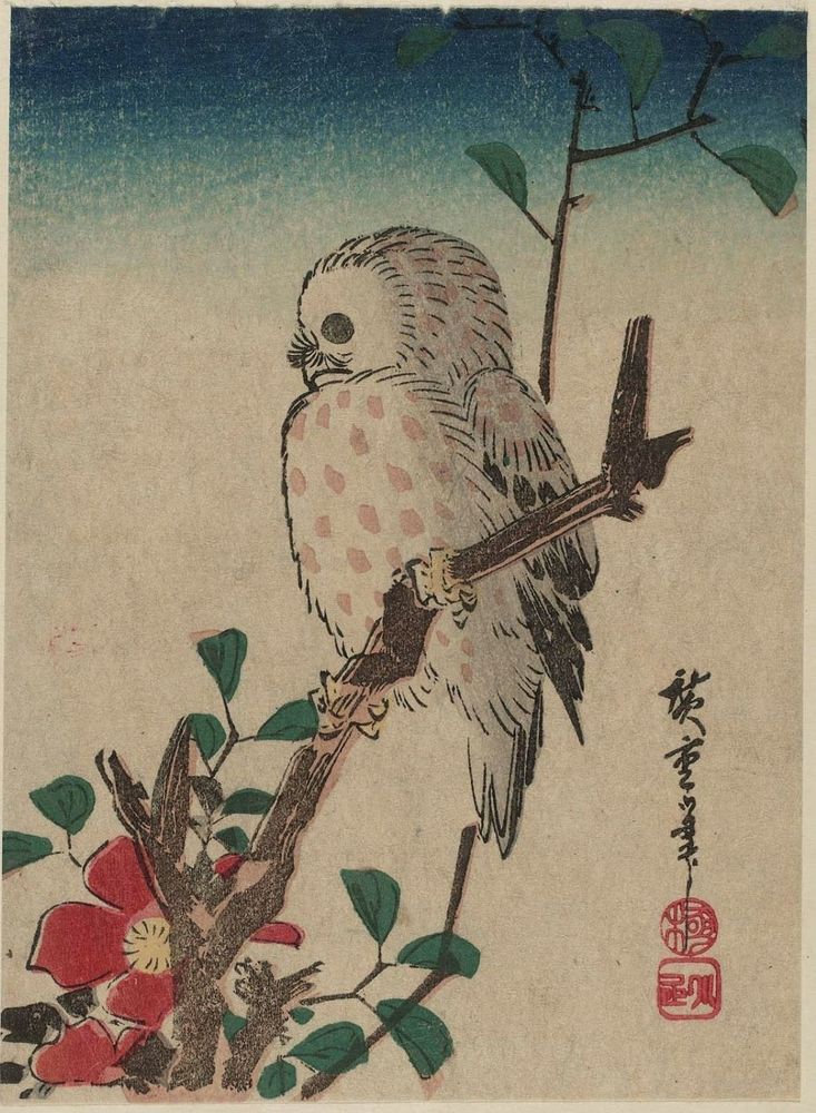 Owl sitting in profile on a branch with red flowers.
