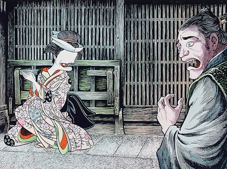 A woman is sitting . She has a white face with no features except for a mouth with blackened teeth. A man nearly looks terrified.