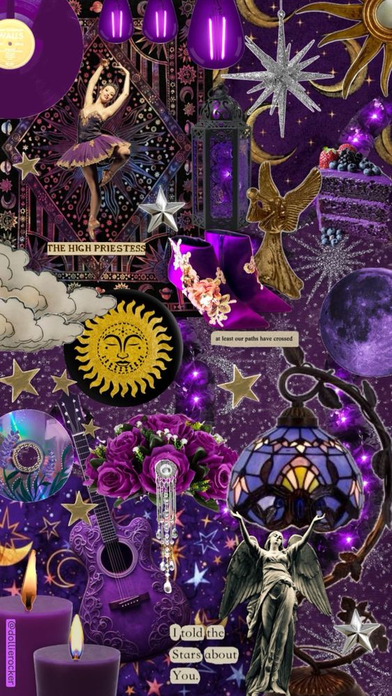 Collage featuring lots of celestial backdrops in purple light tones, and in the foreground candles, lamps, flowers, angel statues, a guitar, ballerina…all in purple hues. Star stickers decorate the top. Inspired by 1990s celestial style