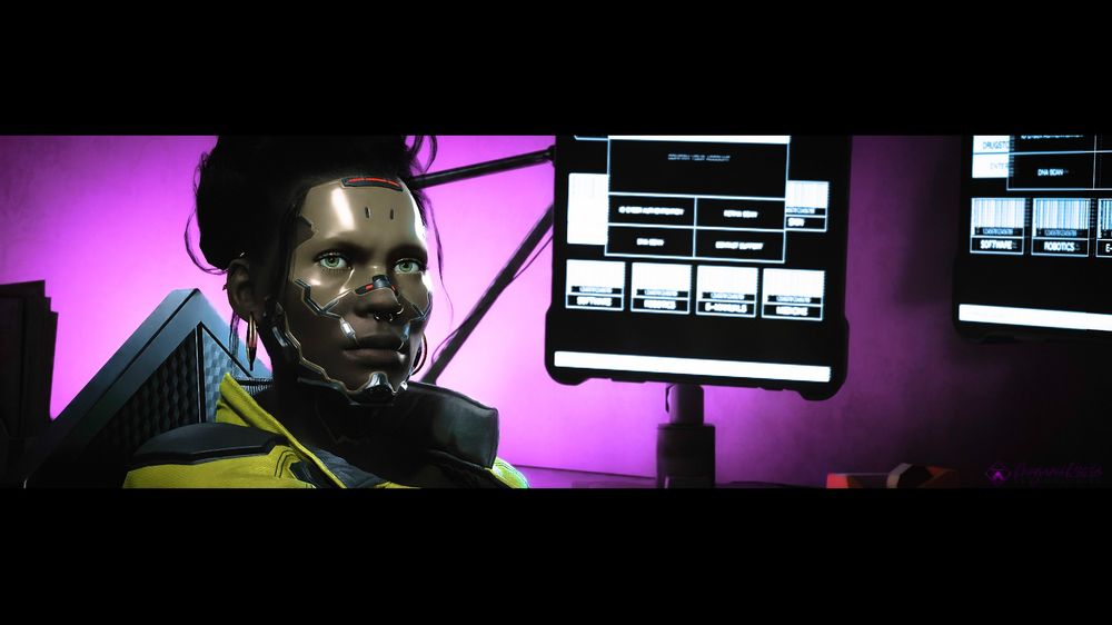 Susanna Quinn leader of the Moxes pictured. Dark skin with mismatched faceplate against a purple background seated at a desk judging you and your motives for being here.