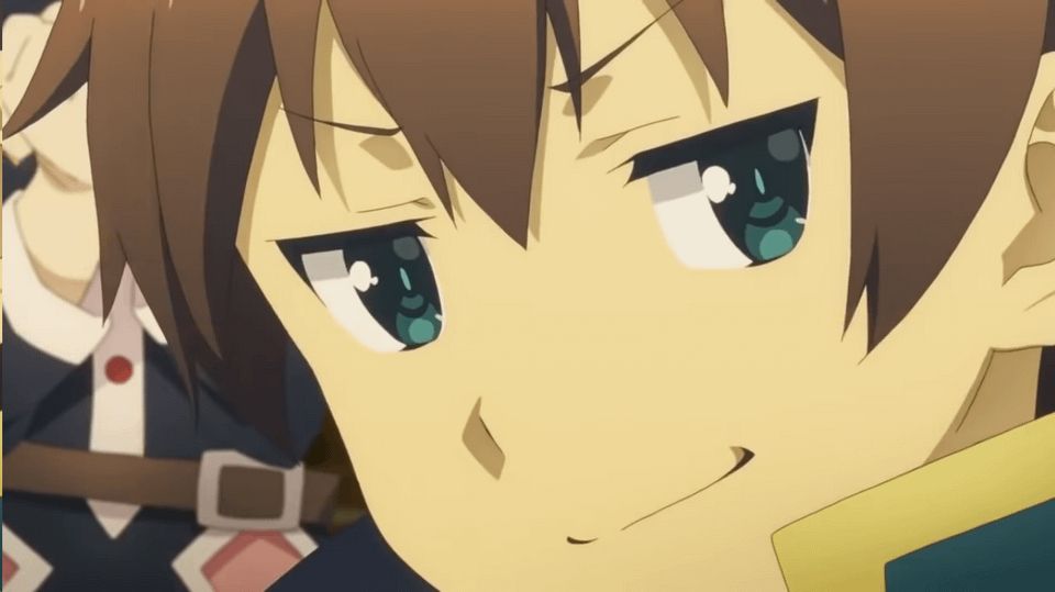 Smug Kazuma (KonoSuba), but not peak smug Kazuma.