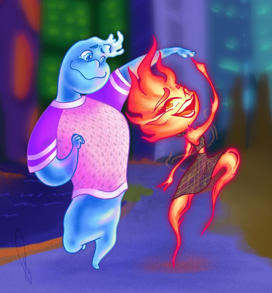 Wade Ripple and Ember Lumen from Pixar's Elemental, dancing.
2nd Anniversary piece