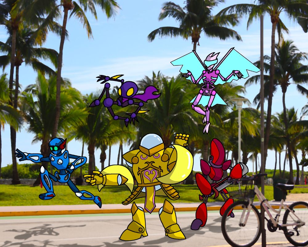 Five colorful robotic figures spring into action in front of a grassy park with palm trees and a pale blue sky. In the middle stands a large yellow suit of armor like robot with shields on its forearms, to its left a blue robot with oblong holes through its limbs leaps forward, and above them a wiry purple robot with blades on its wrists is mid jump. Up to the right flies a pink robot with skeletal features and large light blue wings. On the ground to the right stands a red robot gripping a large sword.