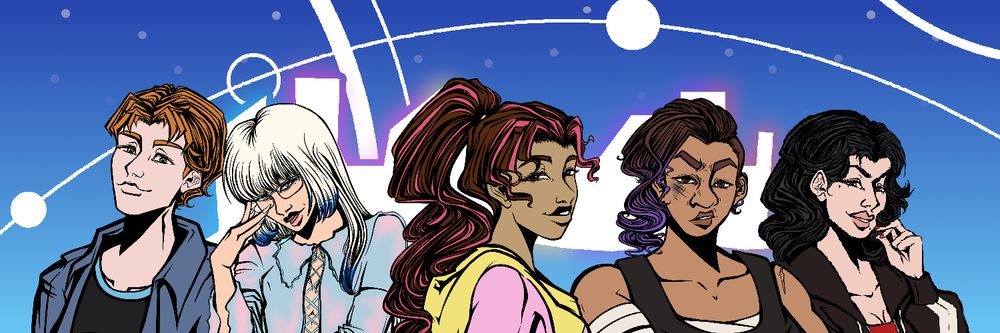 A collection of character portraits by Aki in front of the blue and white spacey banner with the SP2B logo by Cassidy. Front left to right, Milo, Min Ji, Yanna, Angel, and Nic.