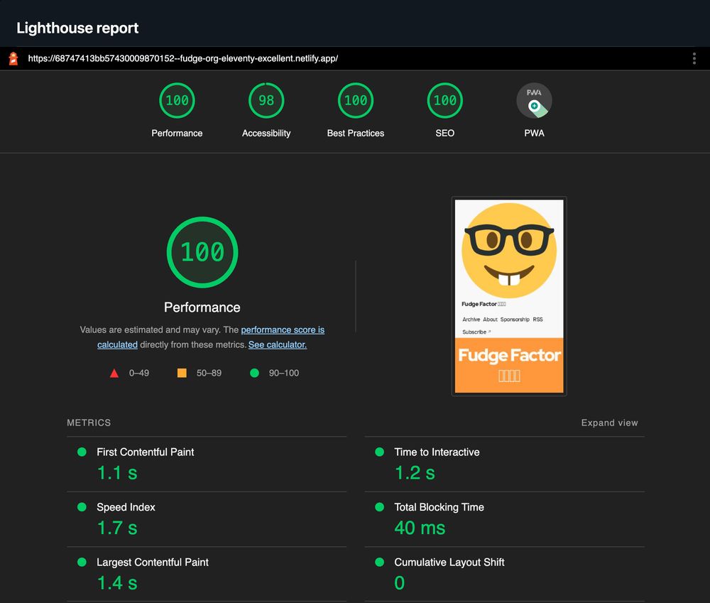 Lighthouse report scores 100, 98, 100, 100