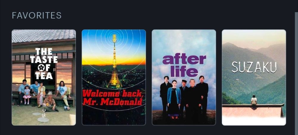 my current letterboxd favorites
The Taste of Tea (2004)
Welcome Back Mr. McDonald (1997)
After Life (1998)
Suzaku (1997)

there's something about late 90's japanese movies...