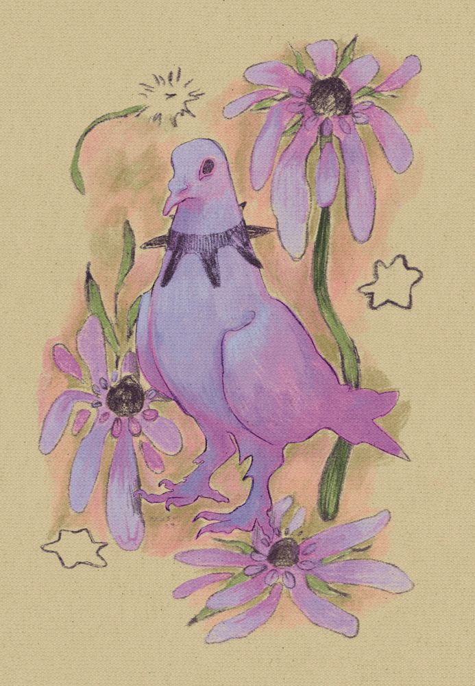 a digital drawing of a pink/purple pigeon with a black spiked collar on. the bird is surrounded by similar coloured flowers with green leaves and black outlined flowers. the background is yellow with pink & green shading. 

