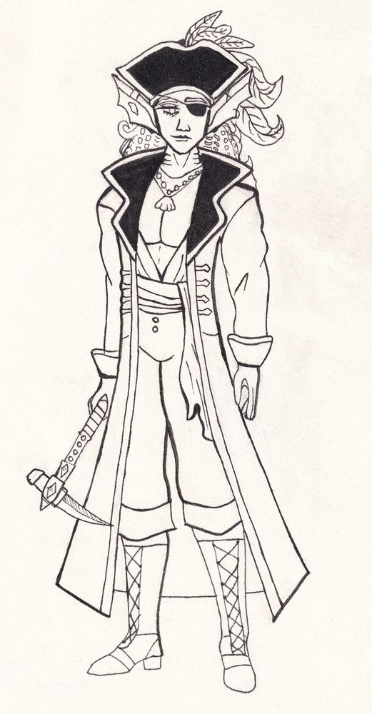 A pirate stands while holding a warpick.