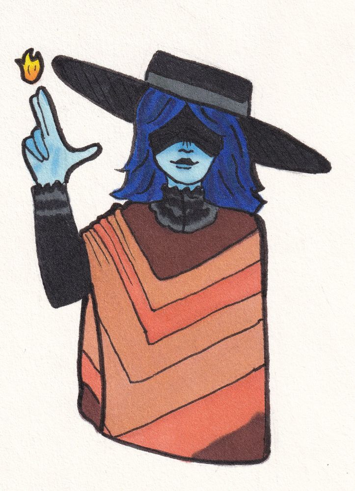 Salem: A mutant magical gunslinger women holding her hand in a finger guns position with a flame above it.