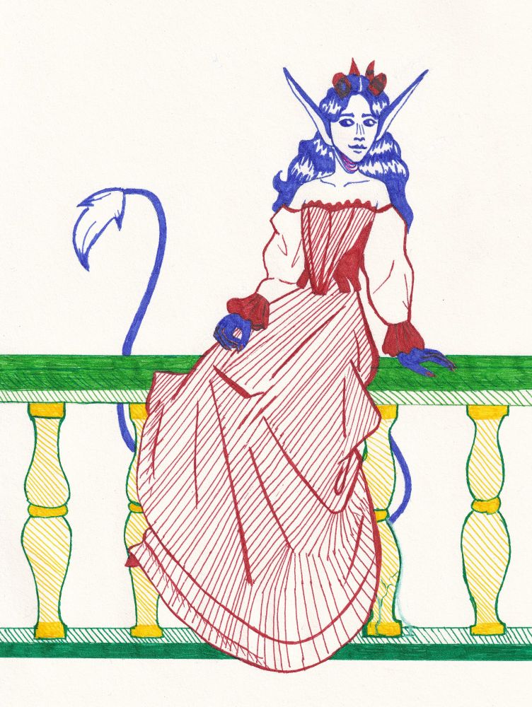Cassandra is sitting on a ledge and wearing a dress. She has her hair down and is looking off to the side. She is also drawn in violet & burgundy.
