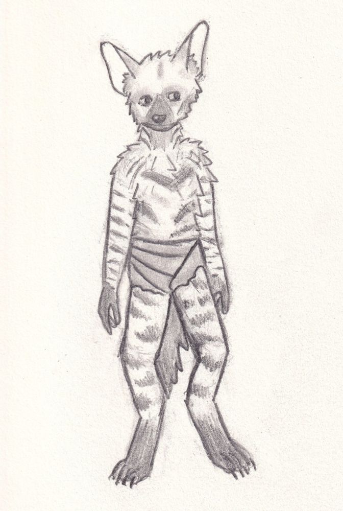 A young stripped hyena gnoll stands while looking off to the side.