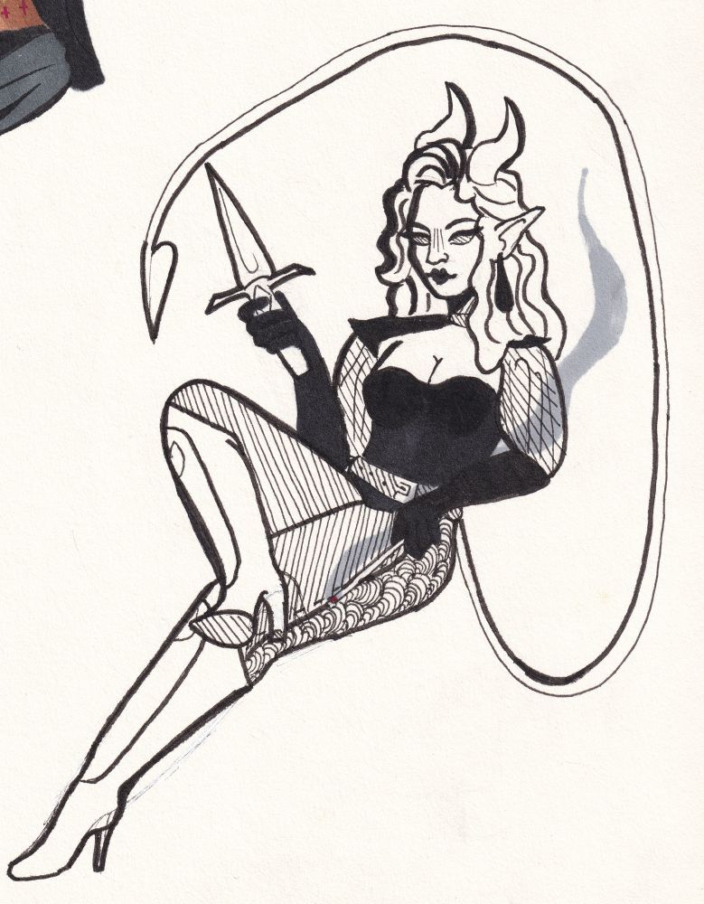 Iona: A tiefling women leaned back on invisible furniture holding a dagger & a lit cigarette..