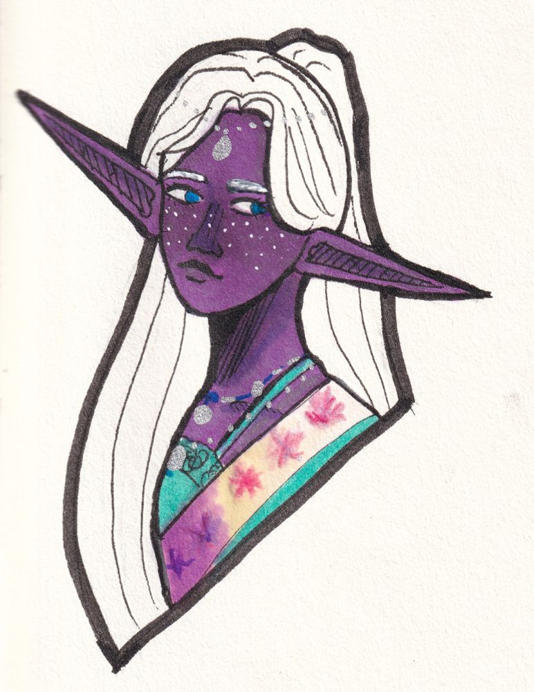 Chani: A bust drawing of a drow women looking off to the side.