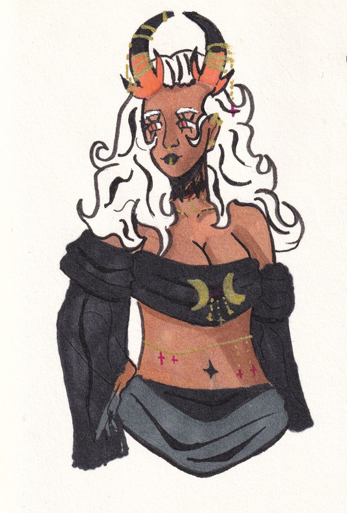 Melania: A half body drawing of a demon women standing & looking into the distance.
