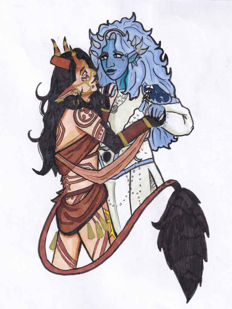 2 women stand holding each other. On the left is a tiefling with markings all along her body. On e the right is a water genasi in a 